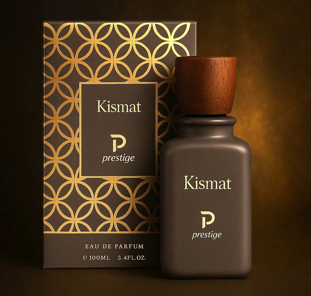 Kismat prestige perfume bottle and packaging on a dark background