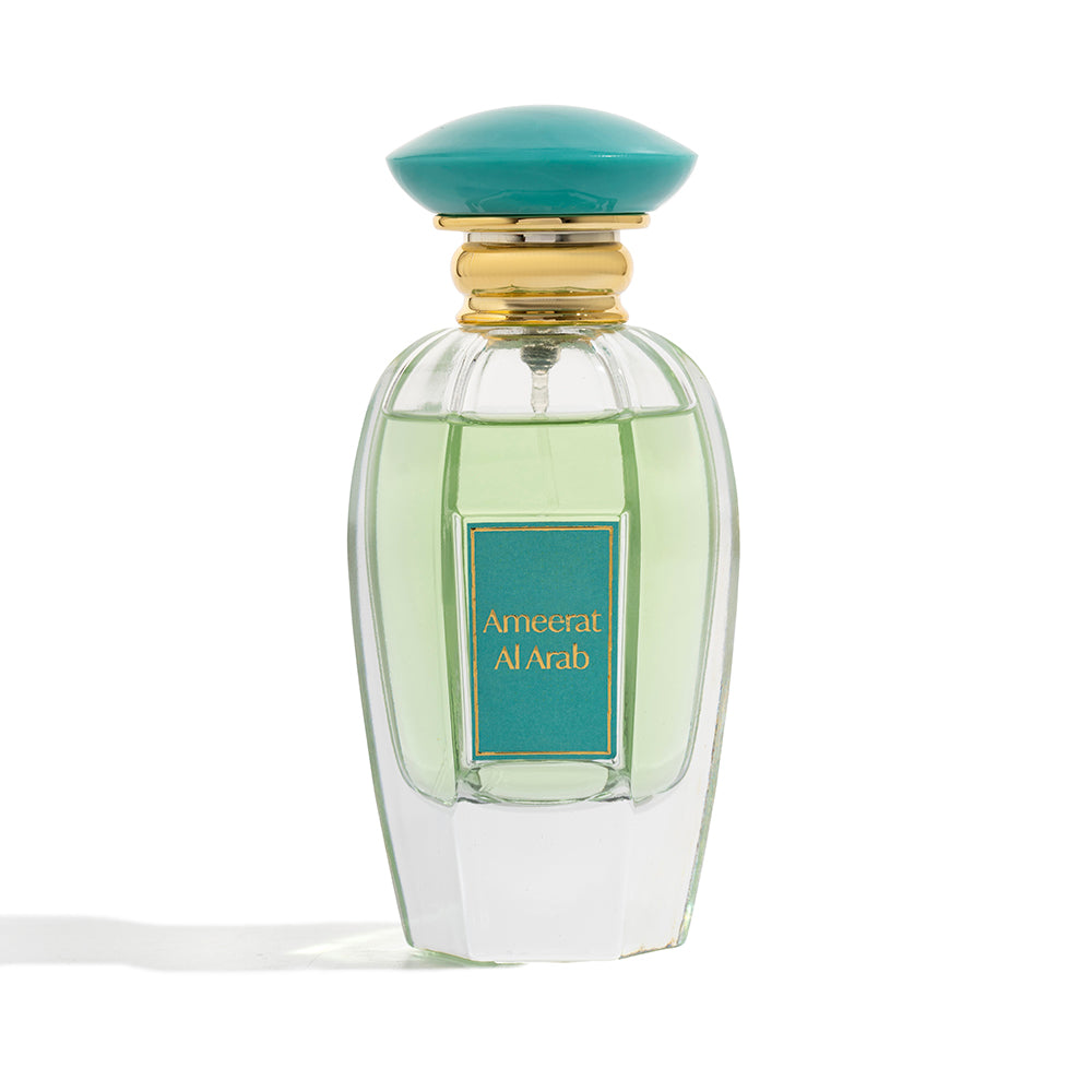 Perfume bottle with green cap and label on a white background