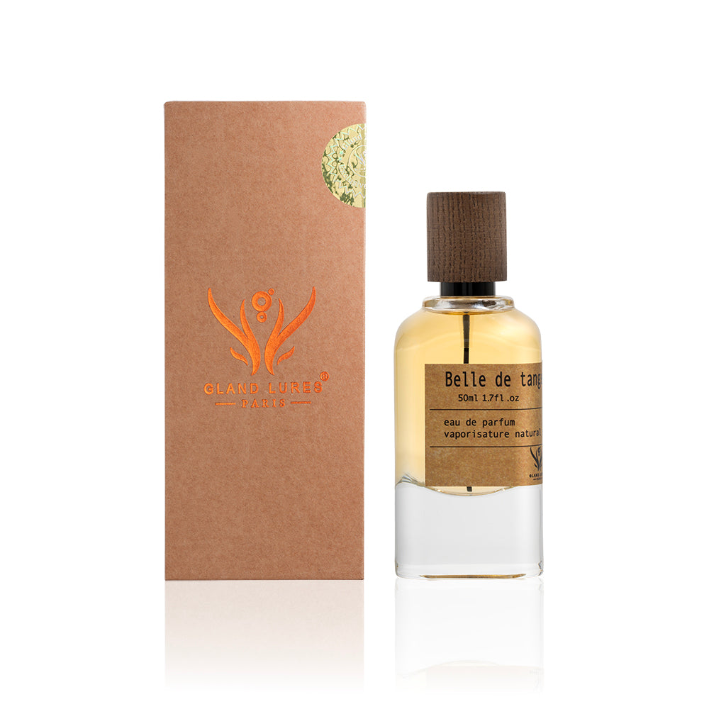 Perfume bottle and packaging with brand logo on a white background