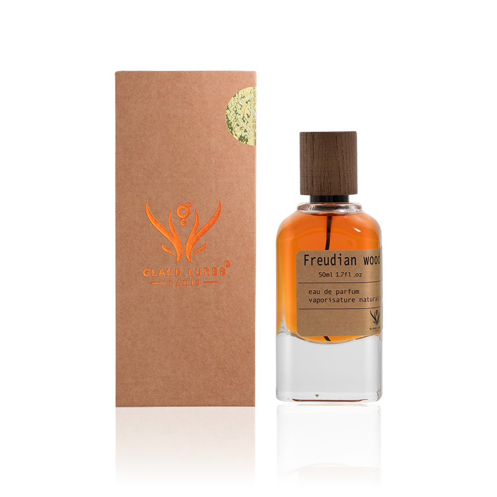 Freudian Wood perfume bottle with packaging on a white background