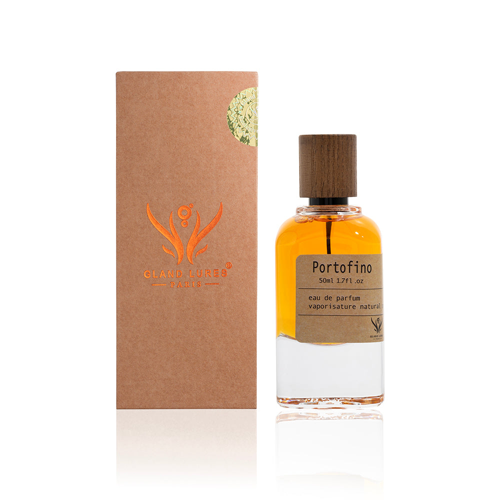 Portofino perfume bottle with brown cap and packaging on a white background