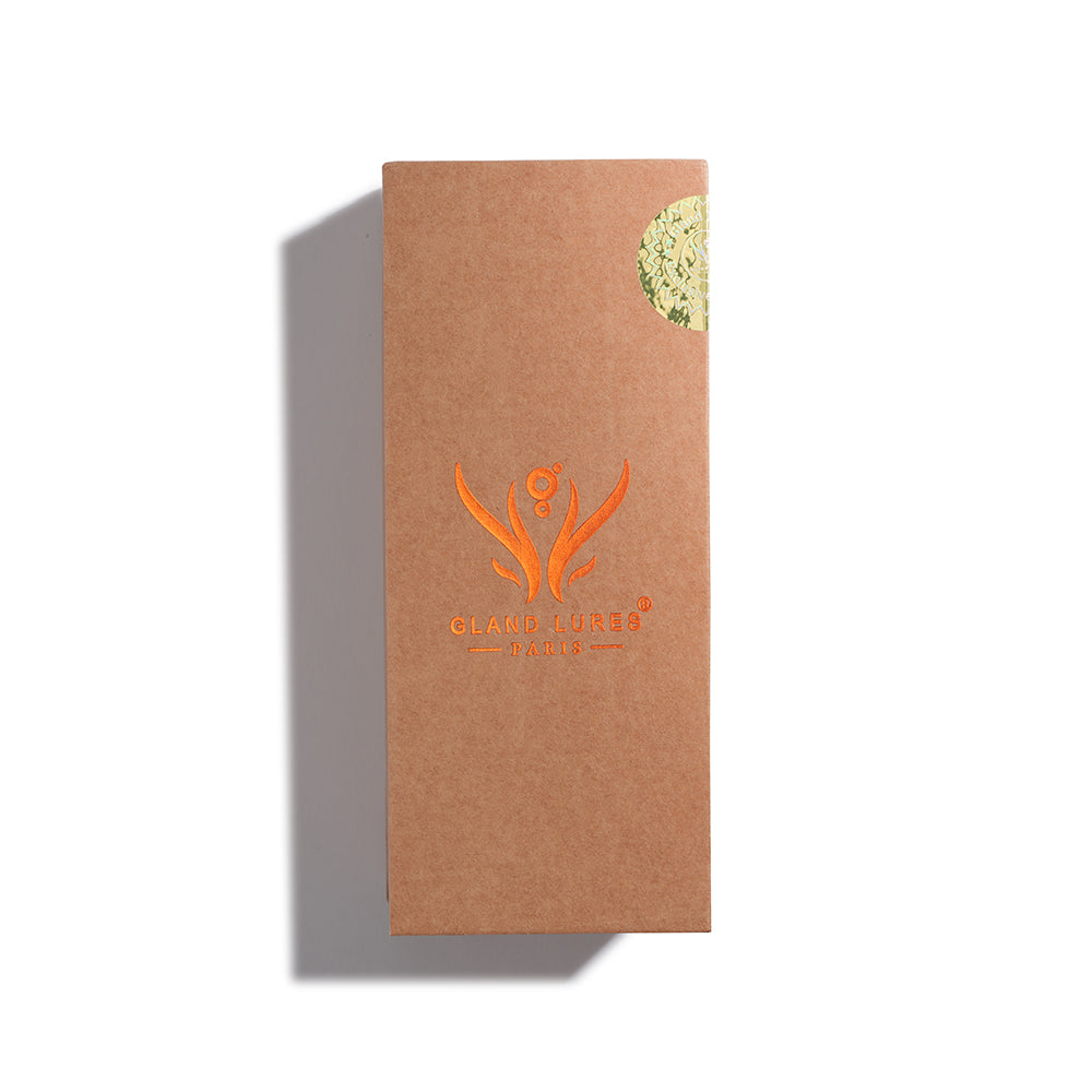Brown package with orange logo and text on a white background